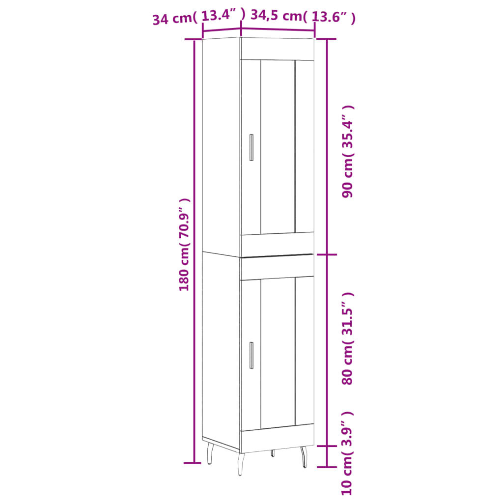 vidaXL Ντουλάπι Λευκό 34,5 x 34 x 180 εκ. από Επεξεργασμένο Ξύλο