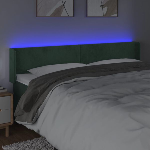 vidaXL Κεφαλάρι Κρεβατιού LED Σκούρο Πράσινο 203x16x78/88εκ. Βελούδινο