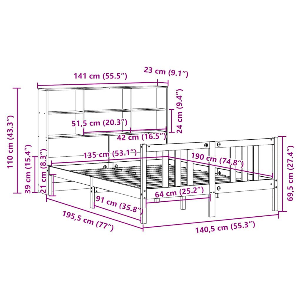 vidaXL Κρεβάτι Βιβλιοθήκη Χωρίς Στρώμα 135x190 εκ Μασίφ Ξύλο Πεύκου