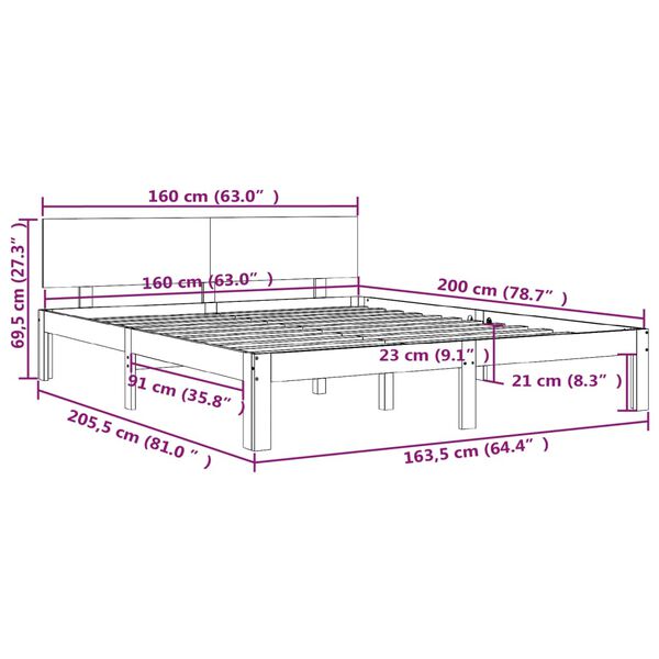vidaXL Πλαίσιο Κρεβατιού 160 x 200 εκ. από Μασίφ Ξύλο Πεύκου