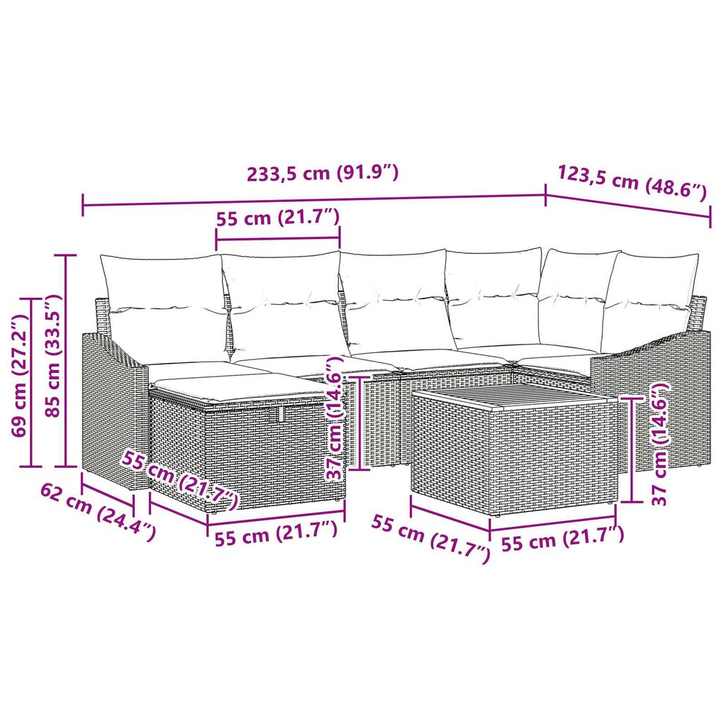 vidaXL Σετ Καναπέ Κήπου με μαξιλάρι 7 pcs Μαύρο Πολυ ράταν