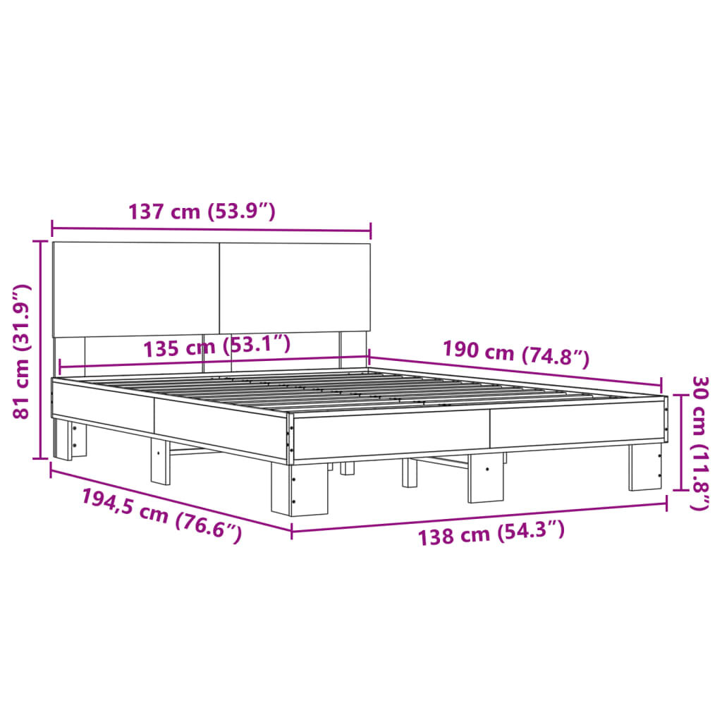 vidaXL Πλαίσιο Κρεβατιού Γκρι Sonoma 135x190 εκ. Επεξ. Ξύλο & Μέταλλο