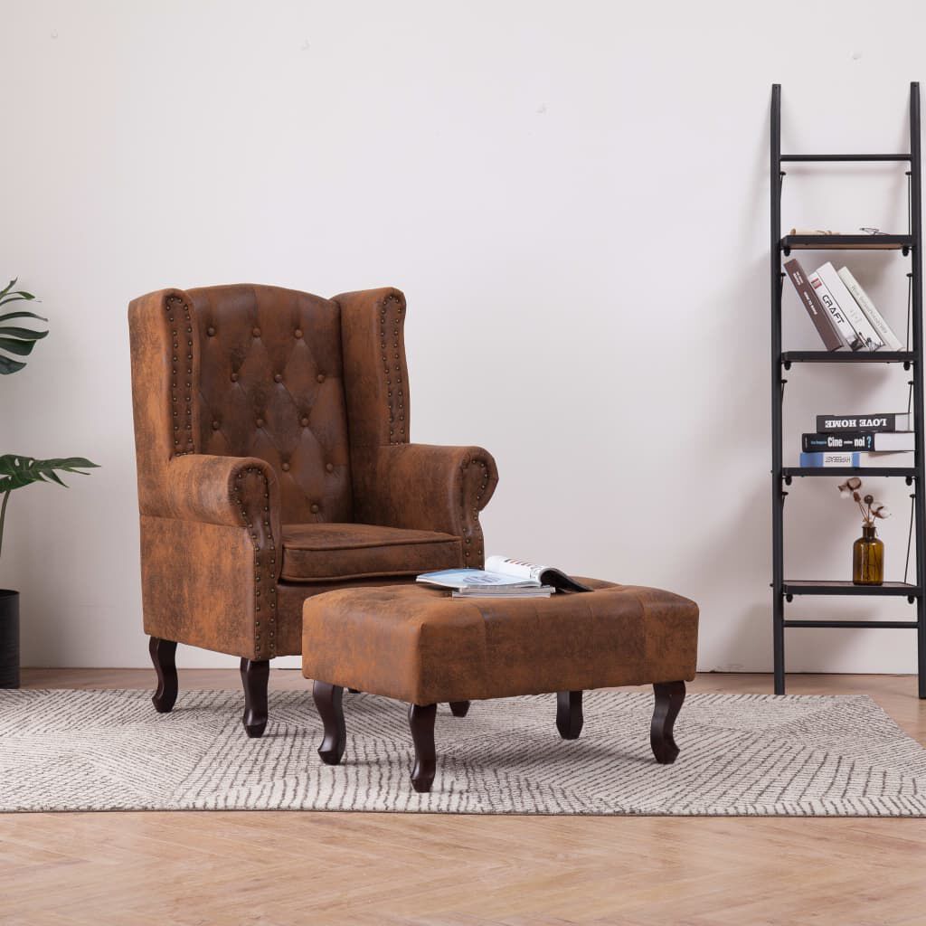 vidaXL Πολυθρόνα Chesterfield με Υποπόδιο Καφέ από Συνθετικό Καστόρι