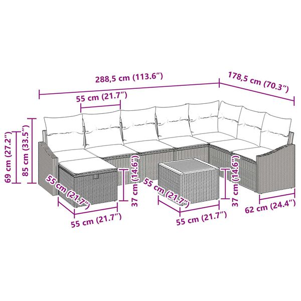 vidaXL Σετ Καναπέ Κήπου με μαξιλάρι 9 pcs Γκρι Πολυ ράταν