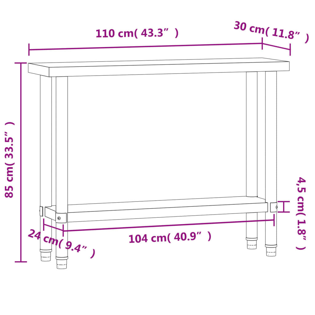 vidaXL Πάγκος Εργασίας Κουζίνας 110x30x85 εκ. από Ανοξείδωτο Ατσάλι