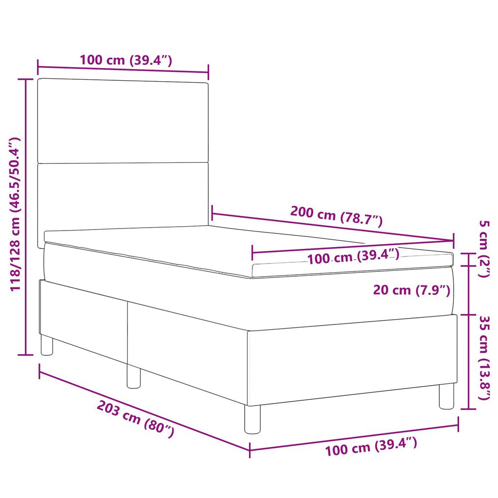 vidaXL Κρεβάτι Box Spring της με Στρώμα & LED Μπεζ 100x200 εκ. Ύφασμα Κορντούρας