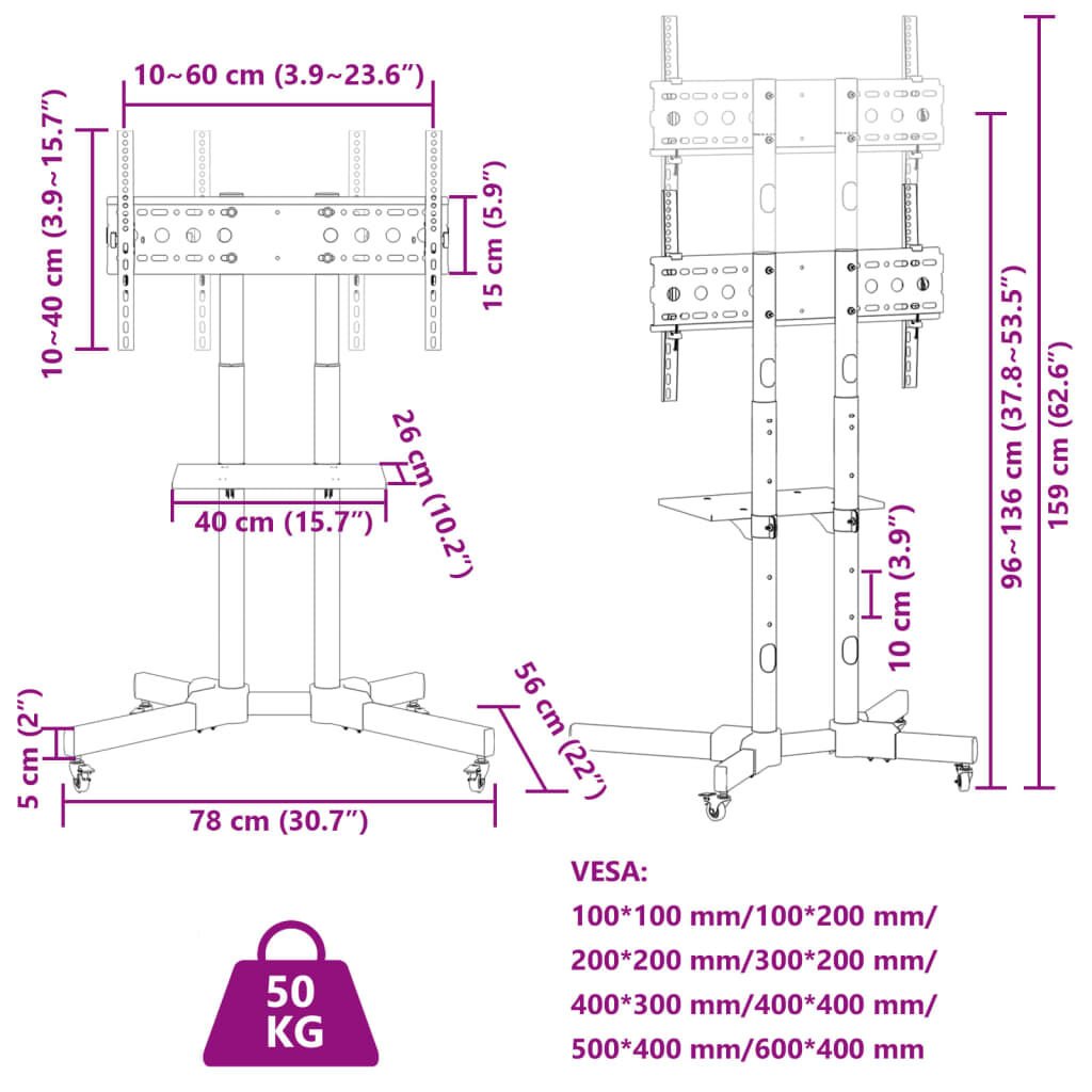 vidaXL Βάση Τηλεόρασης με Τροχούς 32-70Ιν. Max VESA 600x400χιλ. 50κ.
