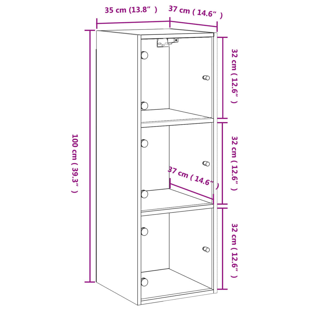 vidaXL Ντουλάπι Τοίχου Γκρι Σκυροδ. 35x37x100εκ. με Γυάλινες Πόρτες