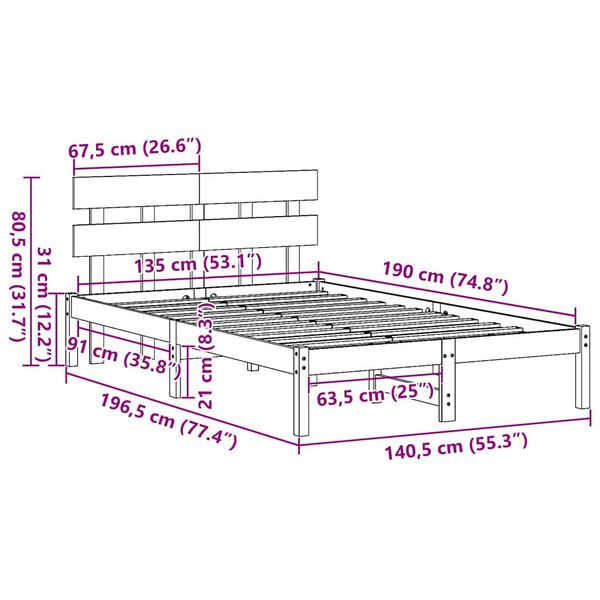 vidaXL Σκελετός Κρεβατιού Καφέ 135 x 190 cm Μασίφ ξύλο πεύκου