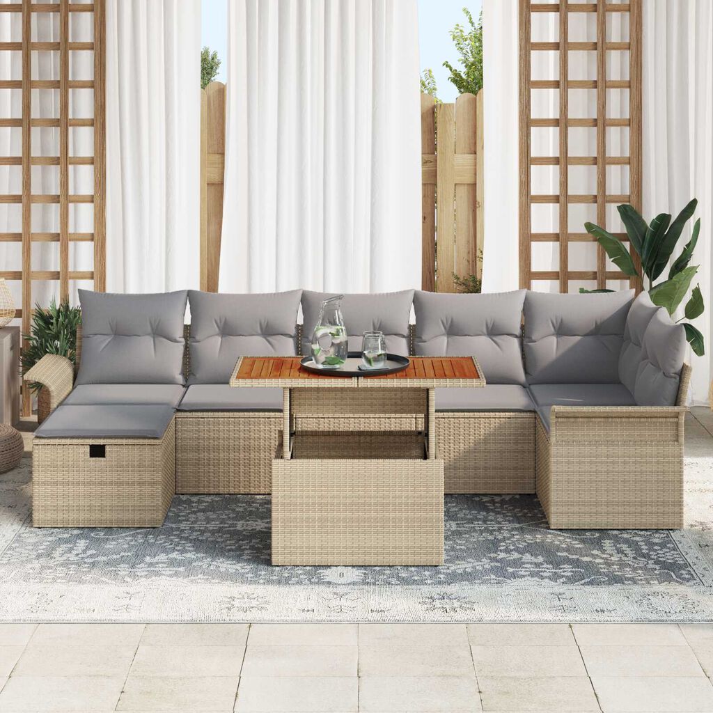 vidaXL Σετ Καναπέ Κήπου με μαξιλάρι 8 pcs Μπεζ Πολυ ράταν