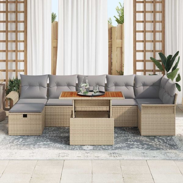 vidaXL Σετ Καναπέ Κήπου με μαξιλάρι 8 pcs Μπεζ Πολυ ράταν