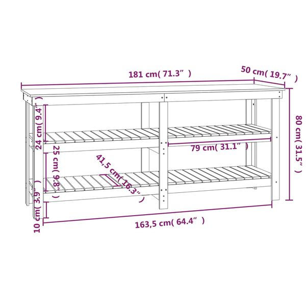 vidaXL Πάγκος Εργασίας Γκρι 181 x 50 x 80 εκ. από Μασίφ Ξύλο Πεύκου