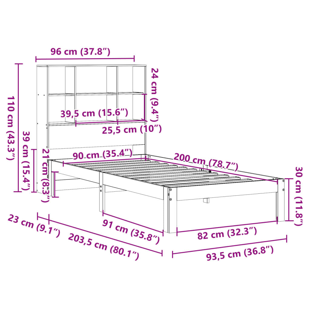 vidaXL Κρεβάτι Βιβλιοθήκη Χωρίς Στρώμα 90x200 εκ Μασίφ Ξύλο Πεύκου