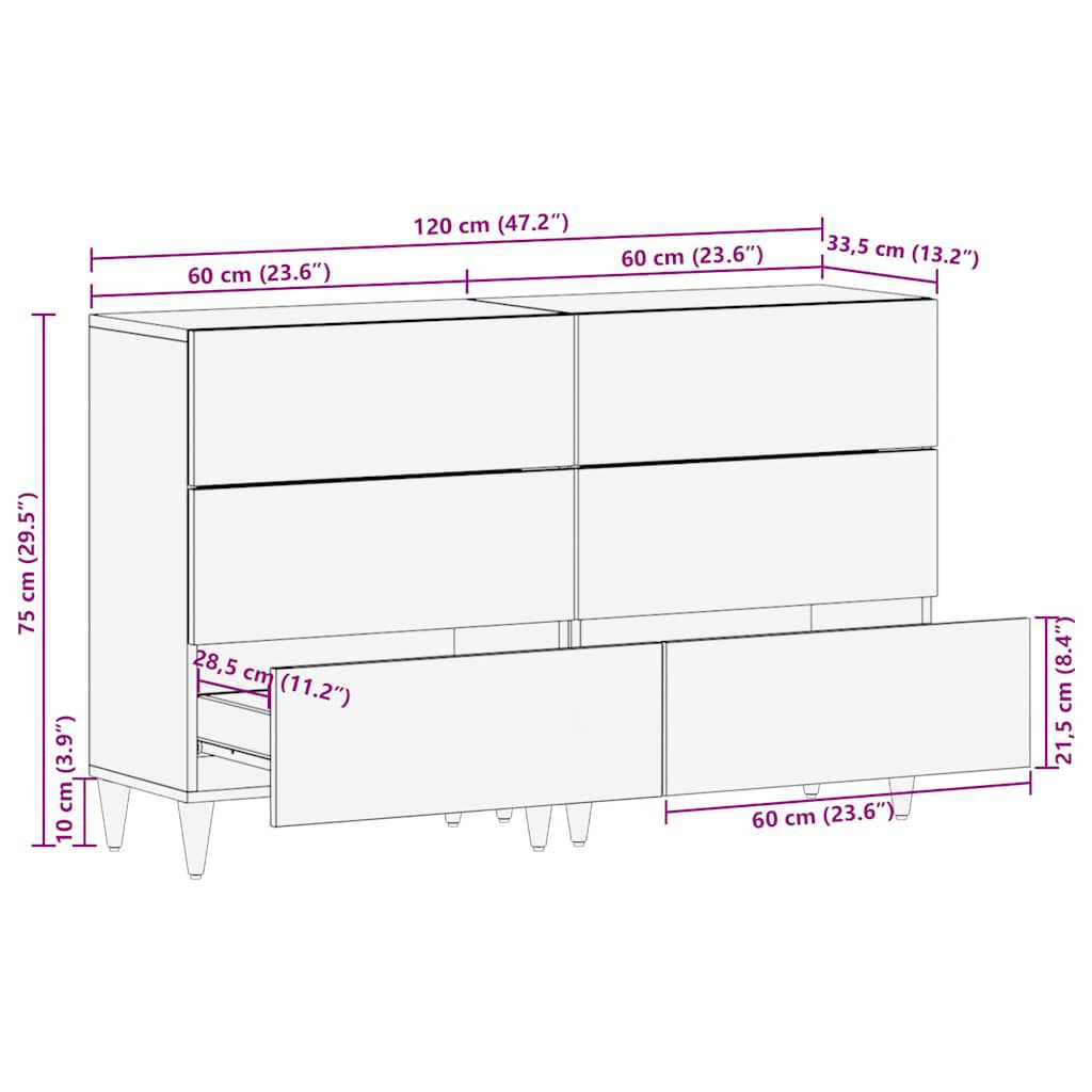 vidaXL Sideboards 2 τεμάχια 60x33,5x75 cm μασίφ ξύλο Mango