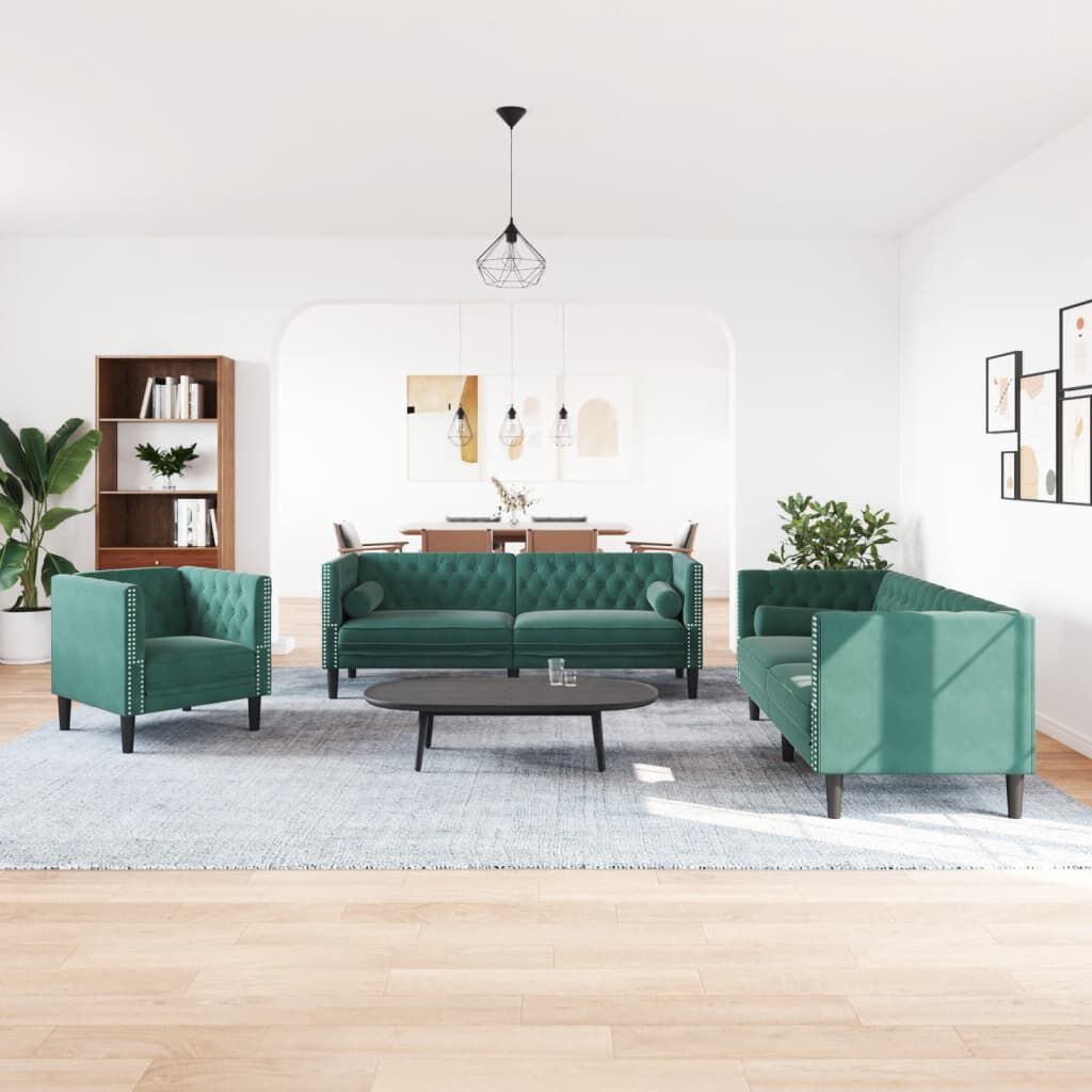 vidaXL Καναπές Chesterfield 3τεμαχίων μαξιλάρια σκούρο πράσινο βελούδο