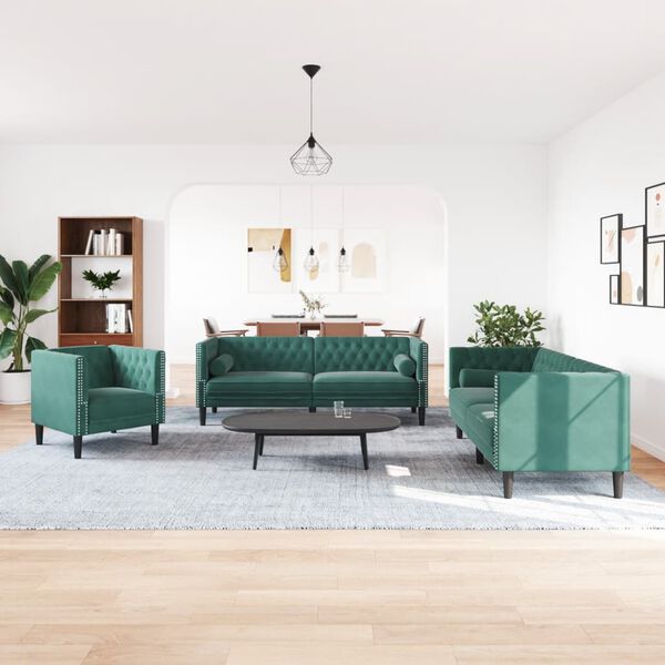vidaXL Καναπές Chesterfield 3τεμαχίων μαξιλάρια σκούρο πράσινο βελούδο