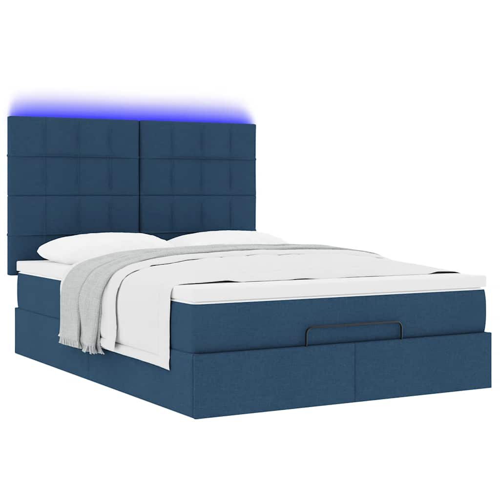 vidaXL Οθωμανικό κρεβάτι με στρώμα & LEDs Μπλε 140x200cm ύφασμα