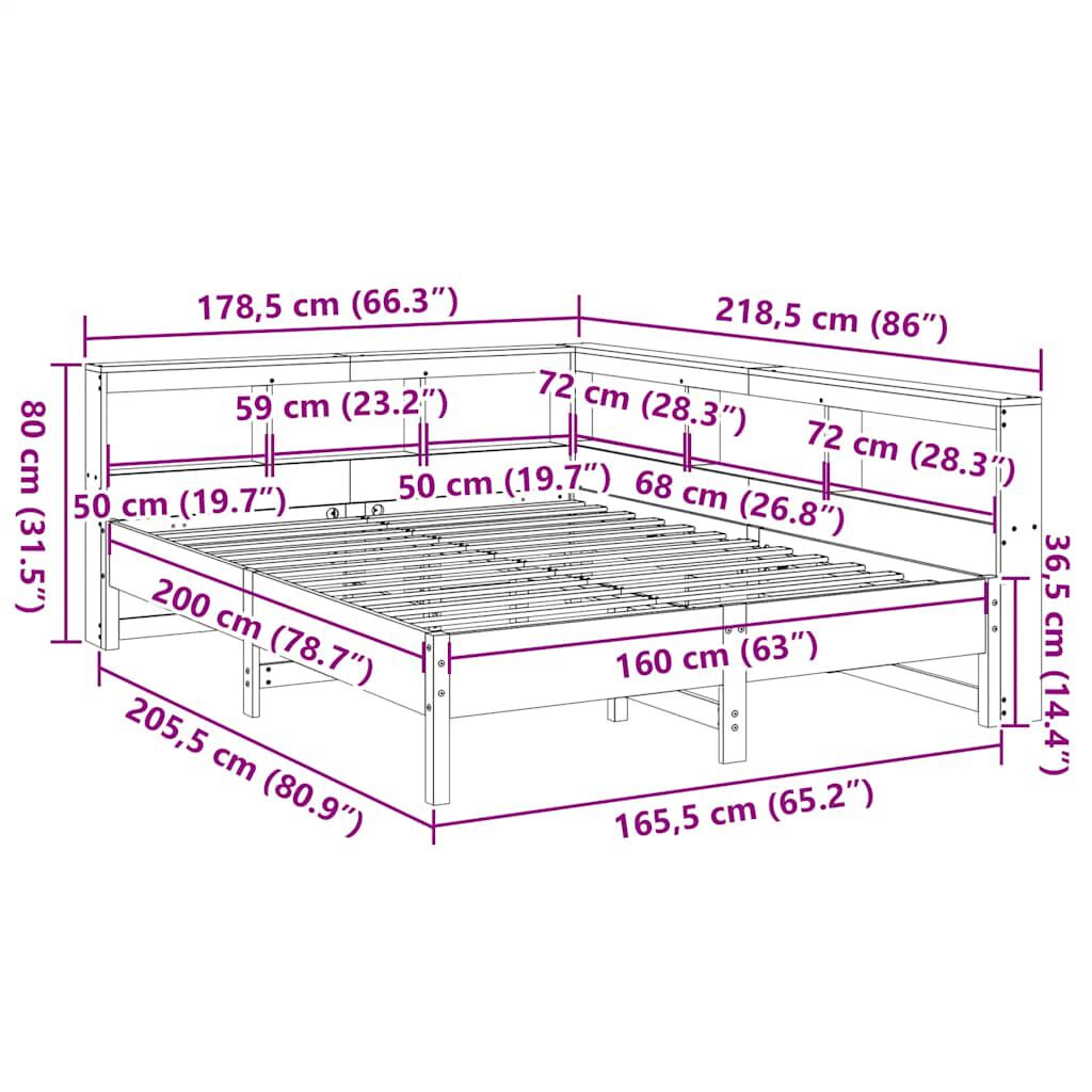 vidaXL Κρεβάτι Βιβλιοθήκη Χωρίς Στρώμα 160x200 εκ Μασίφ Ξύλο Πεύκου