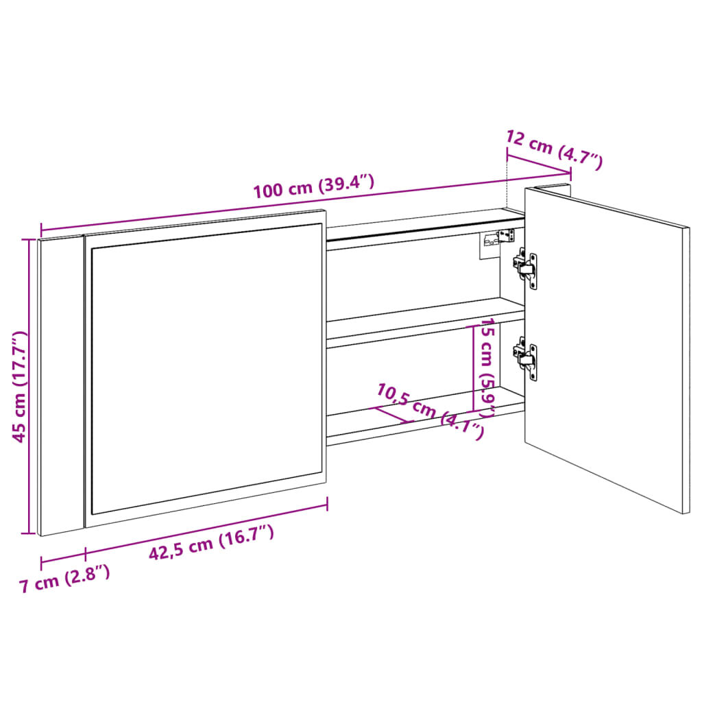vidaXL Ντουλάπι Μπάνιου με Καθρέφτη / LED Γκρι Sonoma 100x12x45 εκ.