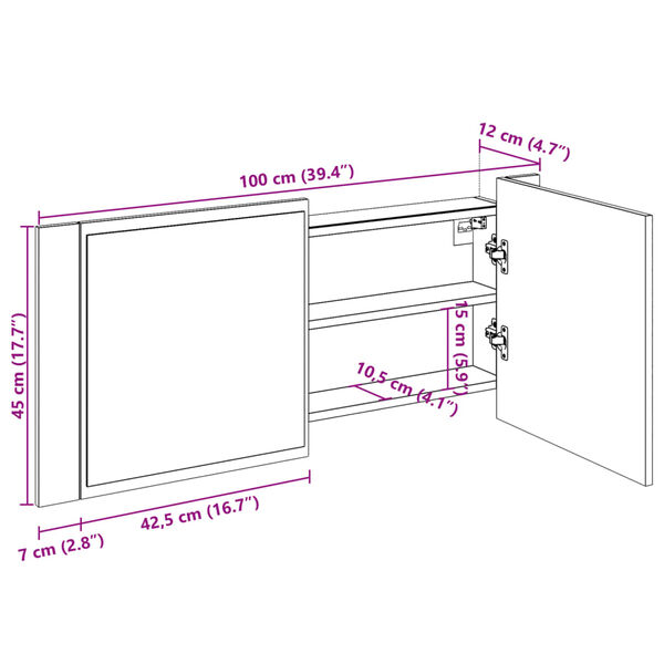 vidaXL Ντουλάπι Μπάνιου με Καθρέφτη / LED Γκρι Sonoma 100x12x45 εκ.