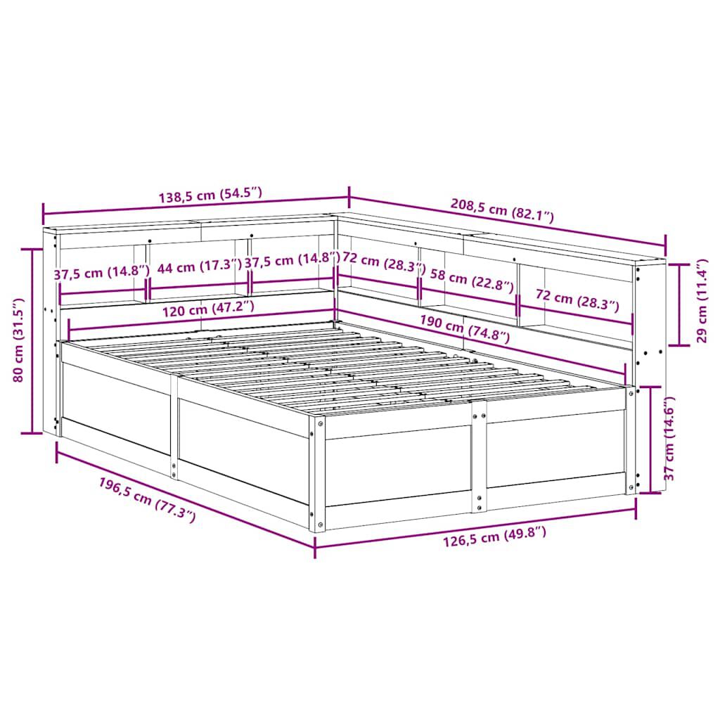 vidaXL Κρεβάτι Βιβλιοθήκη Χωρίς Στρώμα 120x190 εκ Μασίφ Ξύλο Πεύκου