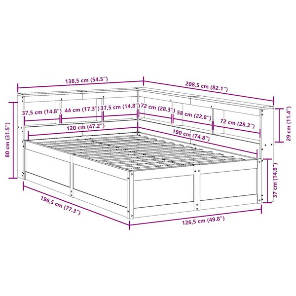 vidaXL Κρεβάτι Βιβλιοθήκη Χωρίς Στρώμα 120x190 εκ Μασίφ Ξύλο Πεύκου