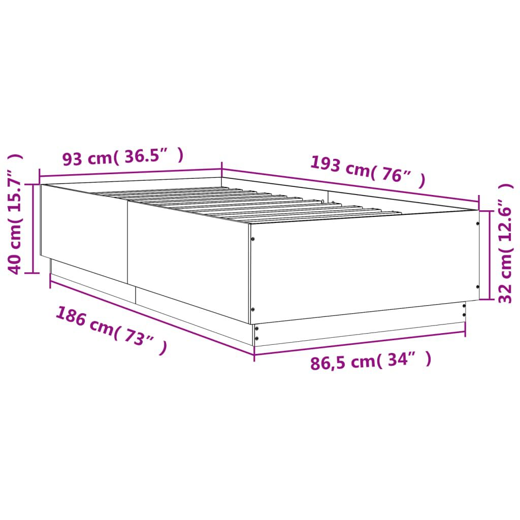 vidaXL Πλαίσιο Κρεβατιού με LED Μαύρο 90x190 εκ. Επεξ. Ξύλο