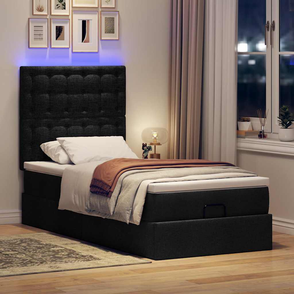 vidaXL Οθωμανικό κρεβάτι με στρώμα & LEDs Μαύρο 80x200cm ύφασμα