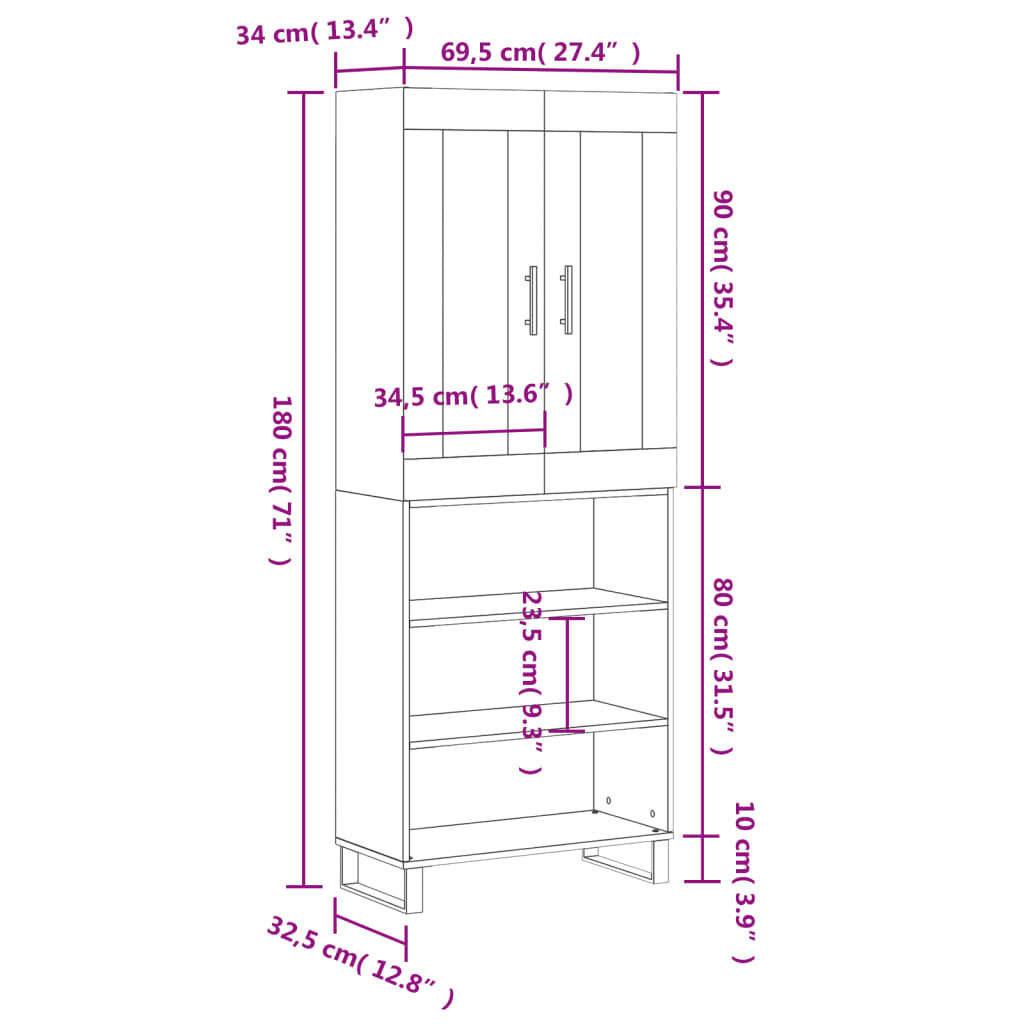 vidaXL Ντουλάπι Γκρι Sonoma 69,5 x 34 x 180 εκ. Επεξεργασμένο Ξύλο