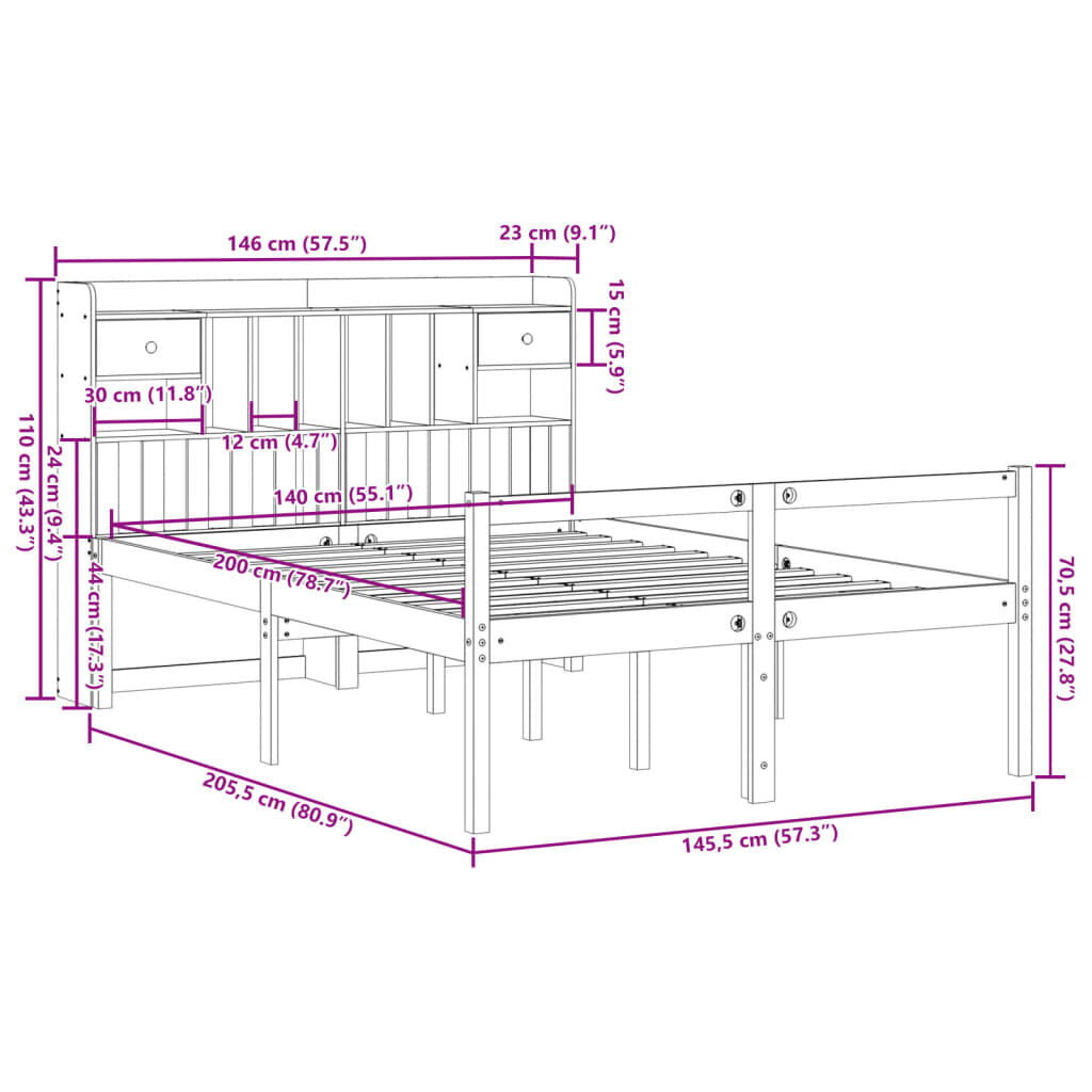 vidaXL Κρεβάτι Βιβλιοθήκη Χωρίς Στρώμα 140x200 εκ Μασίφ Ξύλο Πεύκο