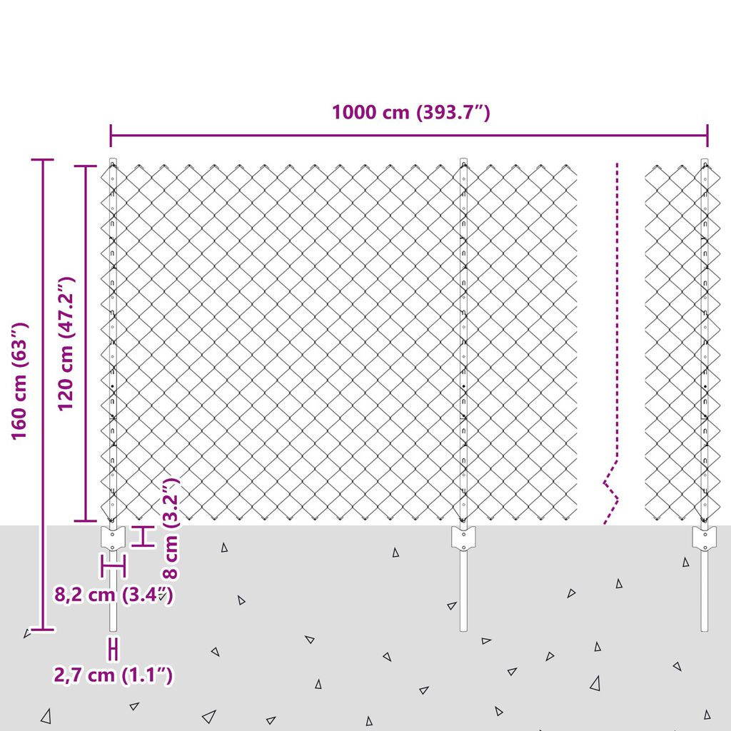vidaXL Φράχτης από Αλυσίδα με 20 πόλους U Γκρι 1.2x10 μ Ατσάλι