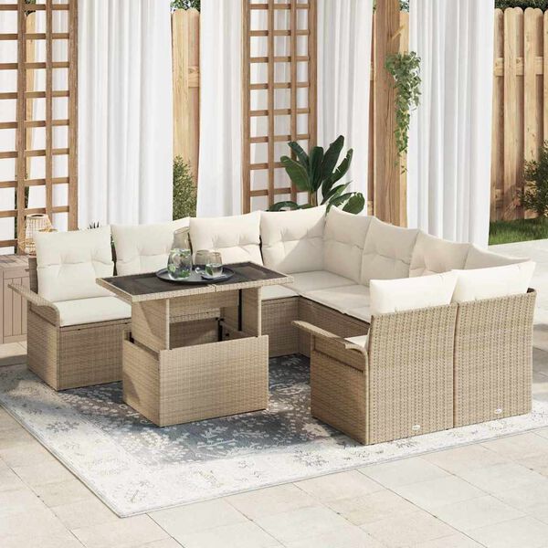 vidaXL Σετ Καναπέ Κήπου με μαξιλάρι 9 pcs Μπεζ Πολυ ράταν