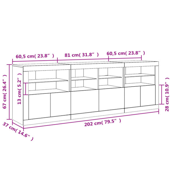 vidaXL Μπουφές με Φώτα LED Καφέ Δρυς 202 x 37 x 67 εκ.