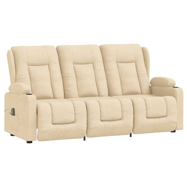 vidaXL Πολυθρόνα Μασάζ Τριθέσια με Ποτηροθήκη Ανακλ. Κρεμ Υφασμάτινη
