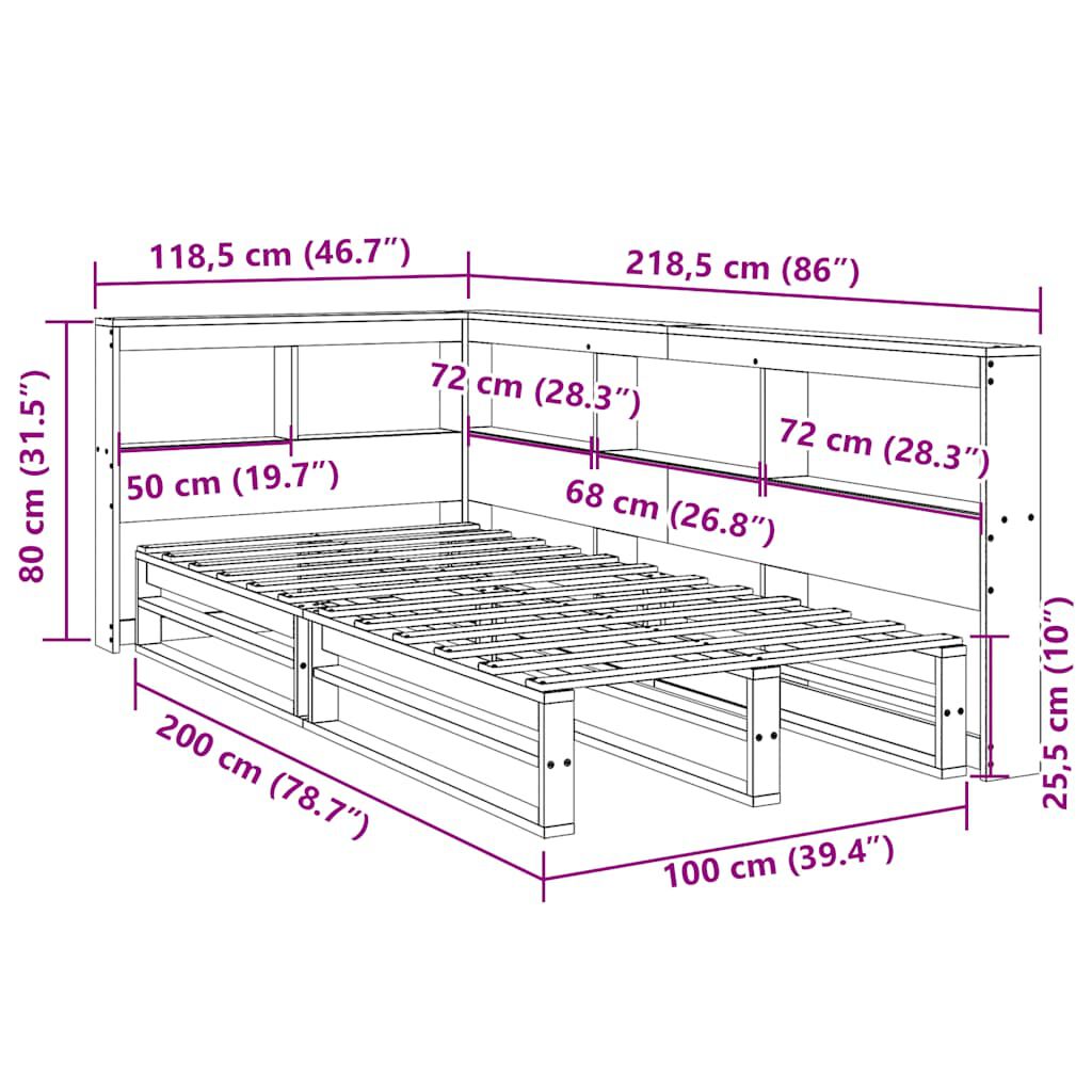 vidaXL Κρεβάτι Βιβλιοθήκη Χωρίς Στρώμα 100x200 εκ. Μασίφ Ξύλο Πεύκο