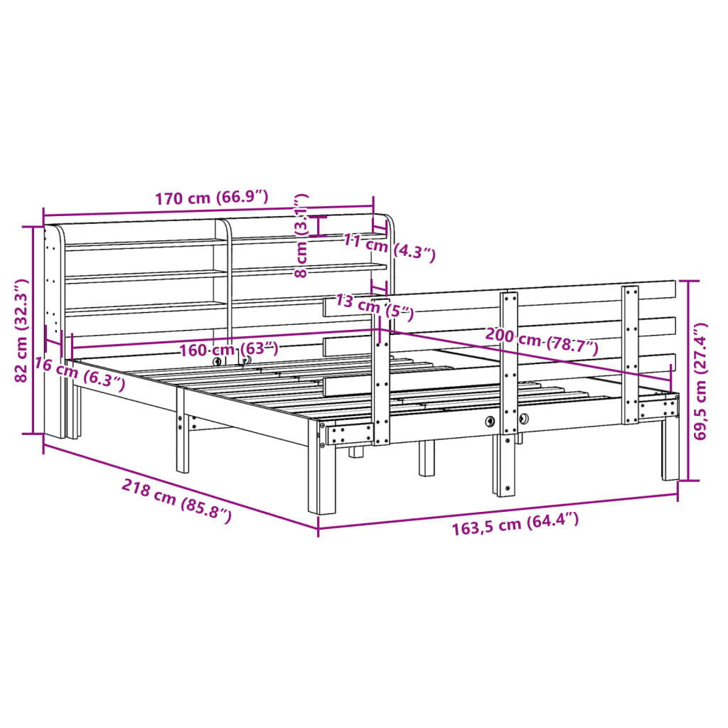 vidaXL Πλαίσιο Κρεβατιού με Κεφαλάρι Μελί 160x200εκ. Μασίφ Ξύλο Πεύκου