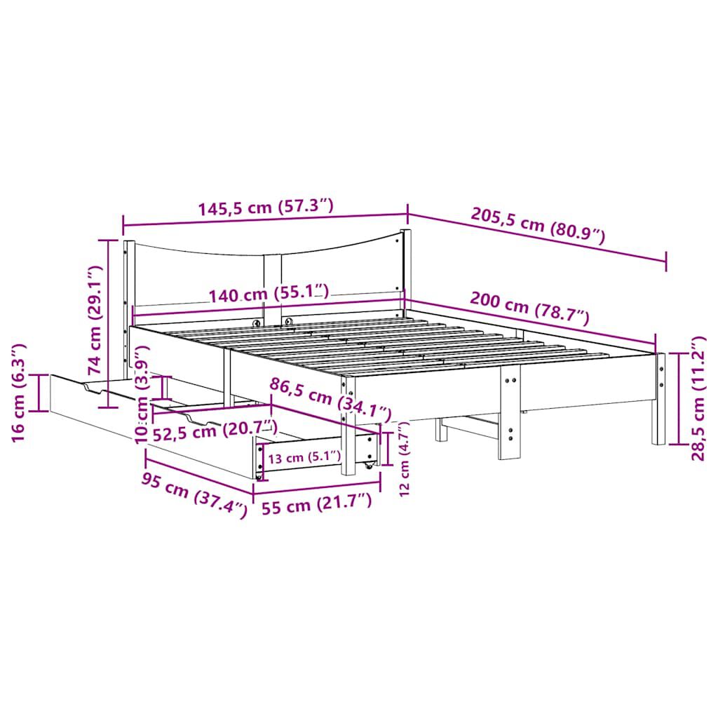 vidaXL Πλαίσιο Κρεβατιού Συρτάρια Λευκό 140x200 εκ. Μασίφ Ξύλο Πεύκου
