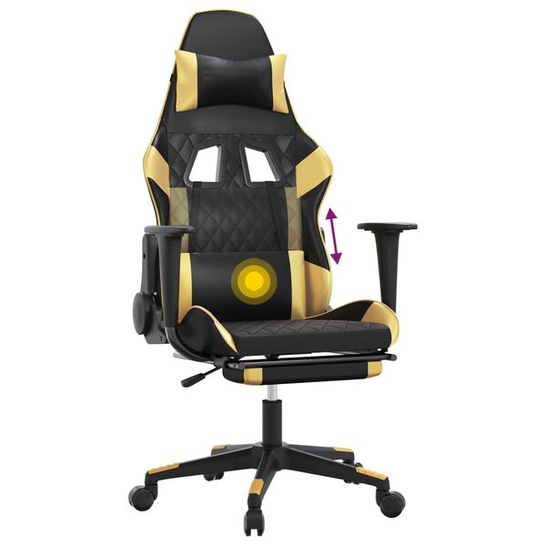 vidaXL Καρέκλα Gaming Μασάζ Υποπόδιο Μαύρος χρυσός από Συνθετικό Δέρμα