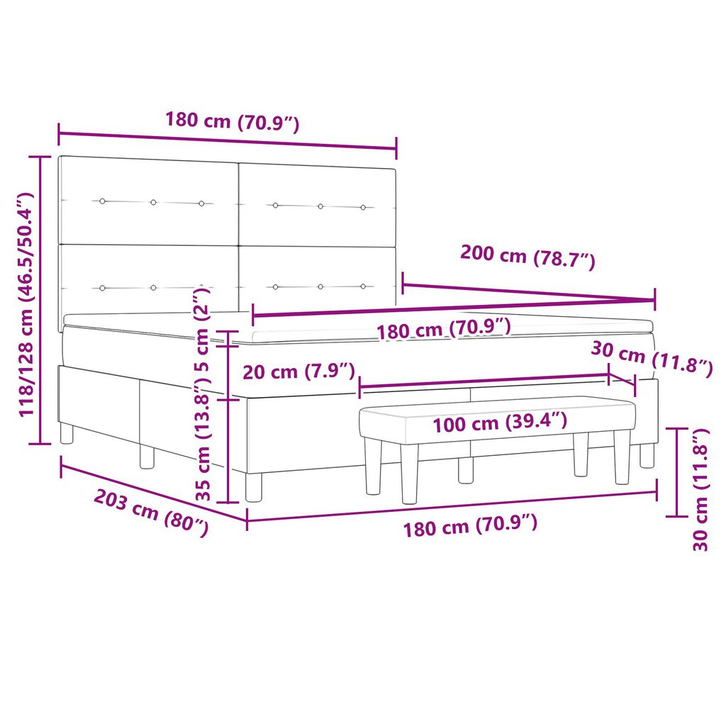 vidaXL Box Spring Κρεβάτι με Στρώμα & Πάγκο Σκούρο Γκρι 180x200 εκ. Ύφασμα