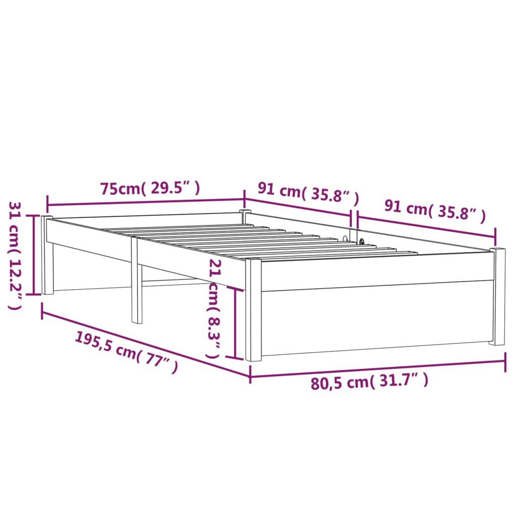 vidaXL Πλαίσιο Κρεβατιού Γκρι 75 x 190 εκ. από Μασίφ Ξύλο Small Single