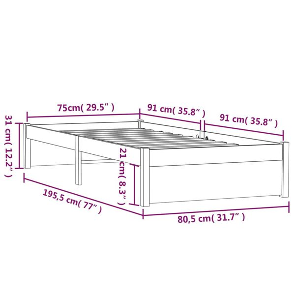 vidaXL Πλαίσιο Κρεβατιού Γκρι 75 x 190 εκ. από Μασίφ Ξύλο Small Single
