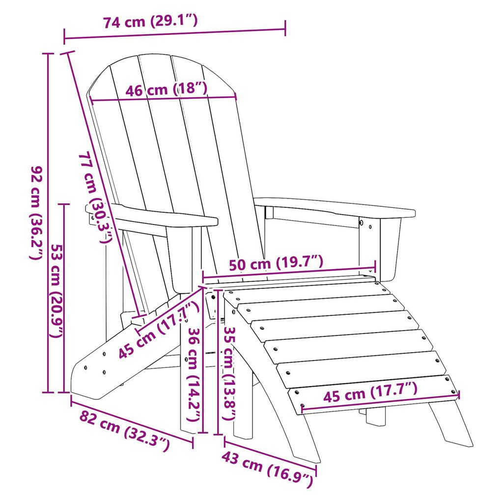 vidaXL Καρέκλα Adirondack με Υποπόδιο Ανοιχτό Γκρι HDPE