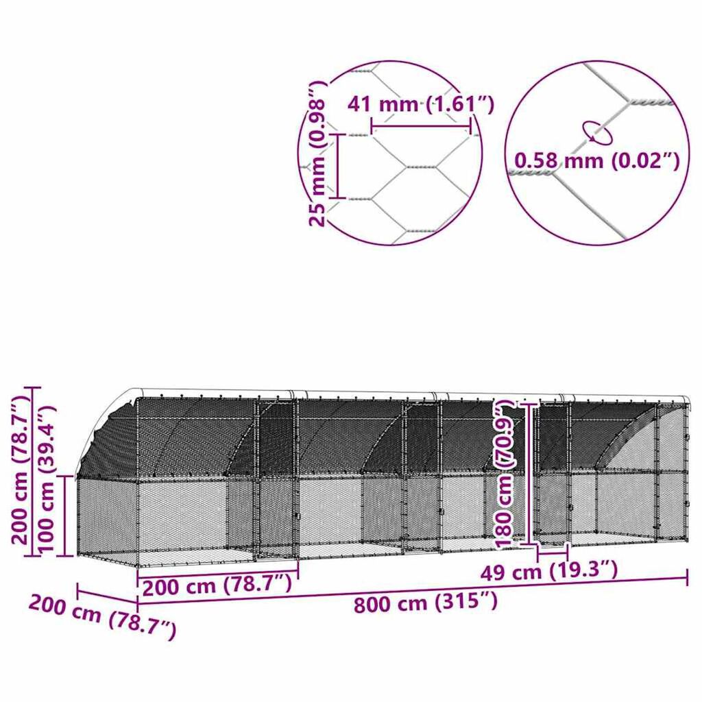 vidaXL Κλουβί για κότες Ασημί 800 x 200 x 198.5 εκ
