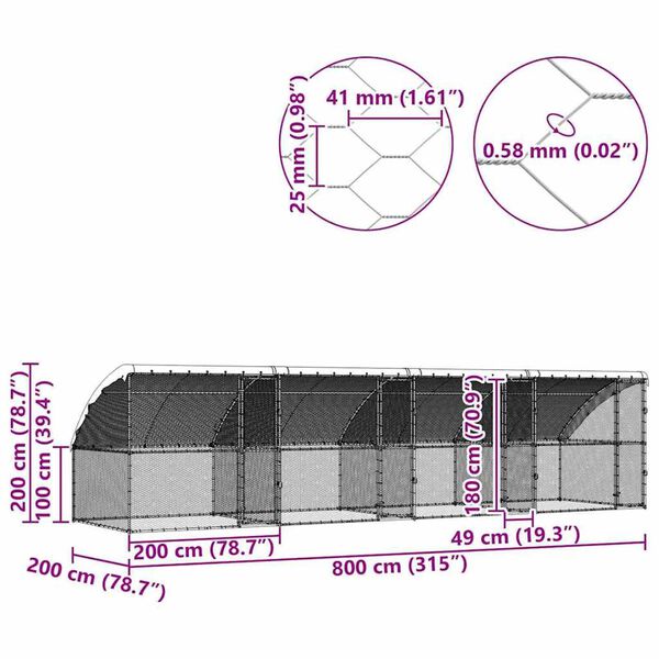 vidaXL Κλουβί για κότες Ασημί 800 x 200 x 198.5 εκ