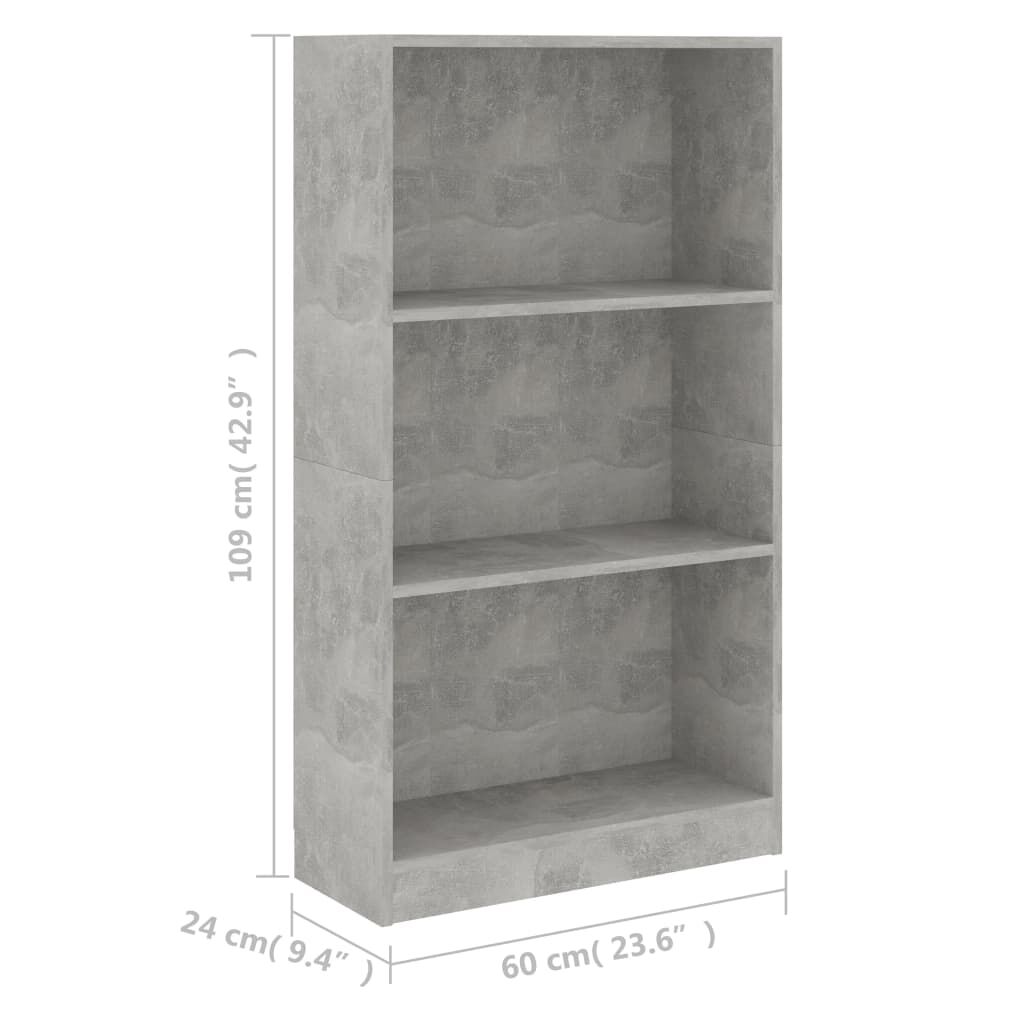 vidaXL Βιβλιοθήκη με 3 Ράφια Γκρι Σκυροδ. 60x24x109 εκ. Επεξεργ. Ξύλο