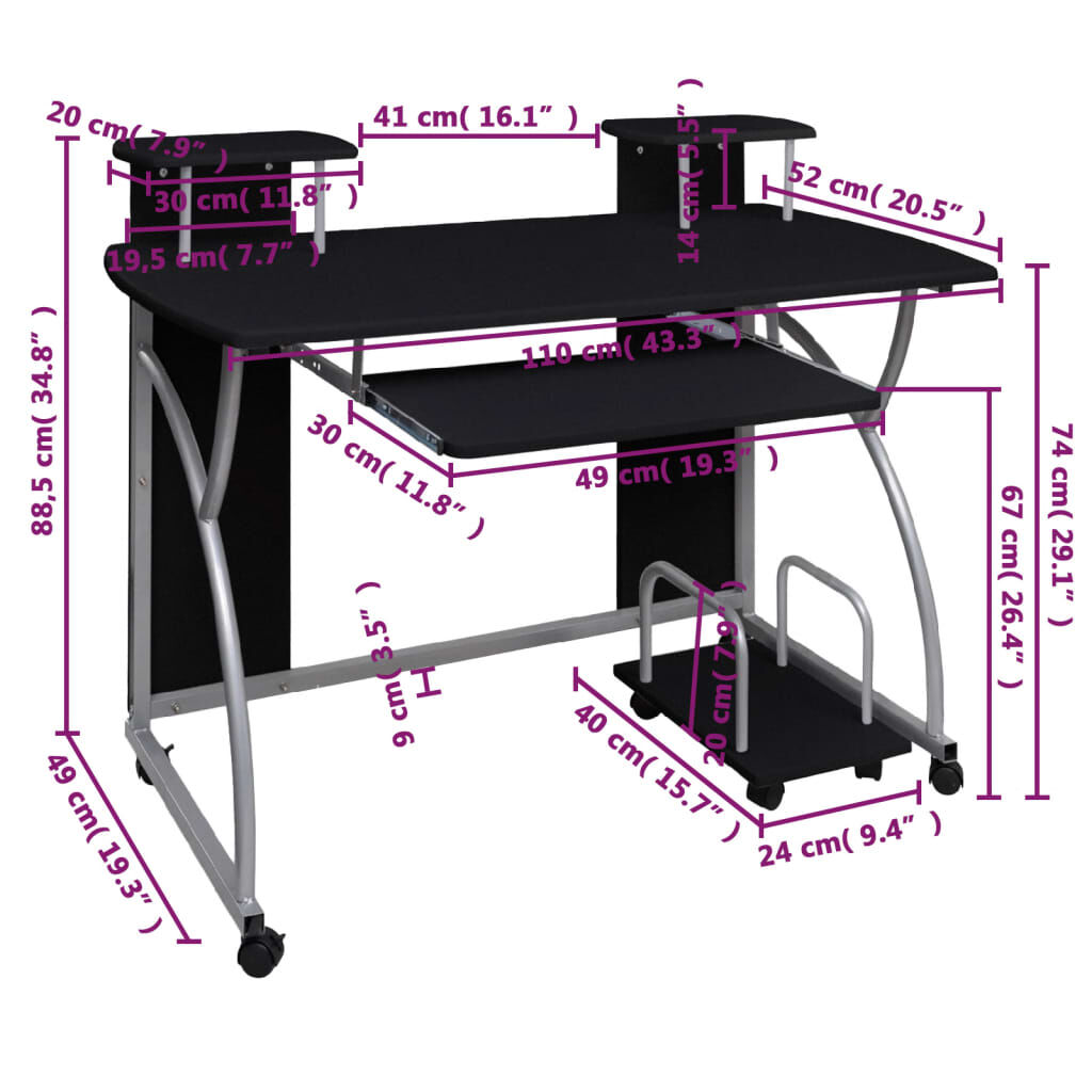 vidaXL Γραφείο Υπολογιστή Μαύρο 110 x 52 x 88,5 εκ. Επεξεργασμένο Ξύλο
