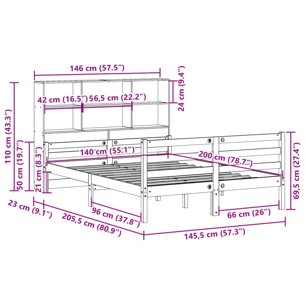 vidaXL Κρεβάτι Βιβλιοθήκη Χωρίς Στρώμα 140x200 εκ Μασίφ Ξύλο Πεύκο