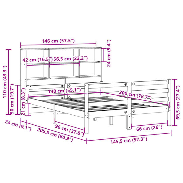 vidaXL Κρεβάτι Βιβλιοθήκη Χωρίς Στρώμα 140x200 εκ Μασίφ Ξύλο Πεύκο