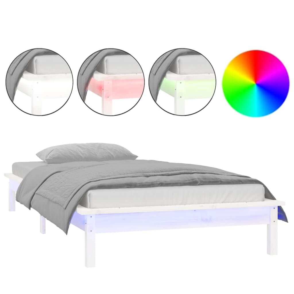 vidaXL Πλαίσιο Κρεβατιού LED Λευκό 90 x 190 εκ. Μονό Μασίφ Ξύλο