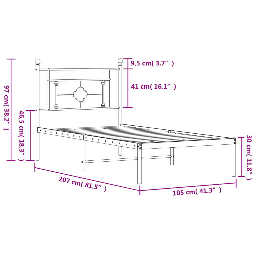 vidaXL Πλαίσιο Κρεβατιού με Κεφαλάρι Μαύρο 100 x 200 εκ. Μεταλλικό